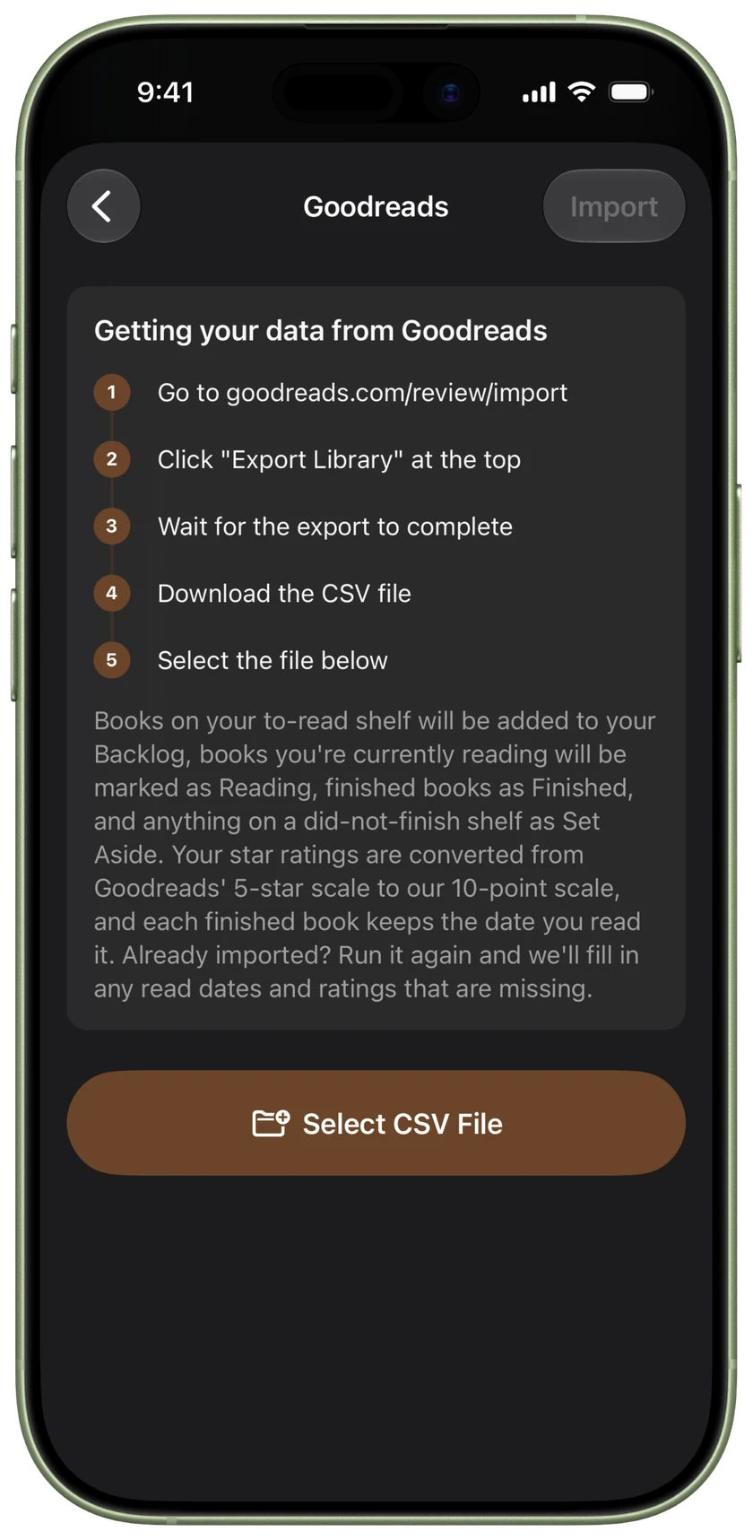 The Goodreads import screen in LaterRex, listing the five steps to export your library and what each shelf becomes