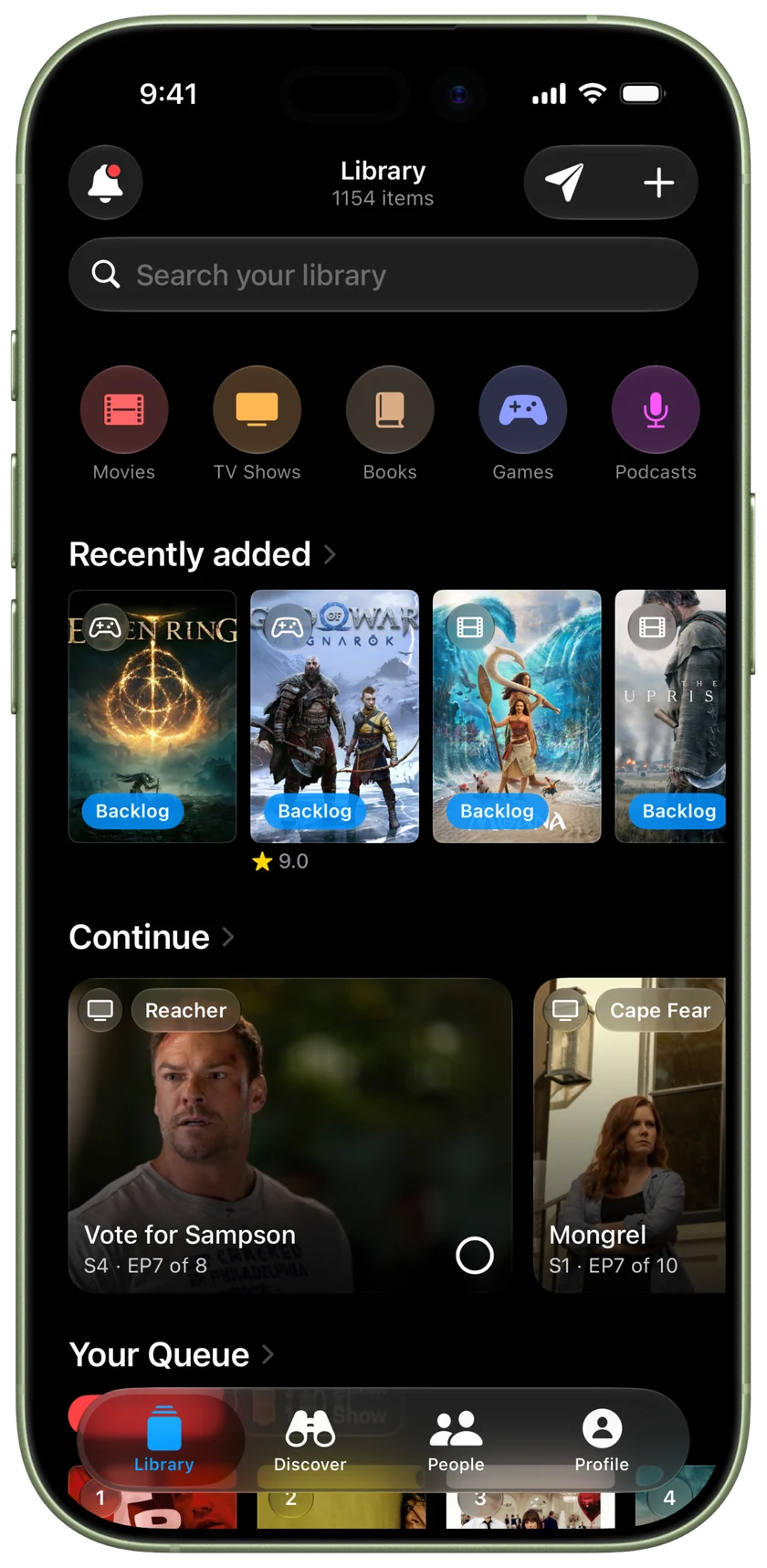 The LaterRex library on iPhone, with movies, TV shows, books, games and podcasts side by side