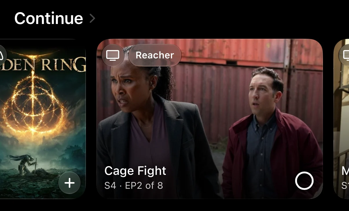 The Continue row on the LaterRex Library home: Elden Ring with a button to log hours, and Reacher showing its next episode with a tick to mark it watched