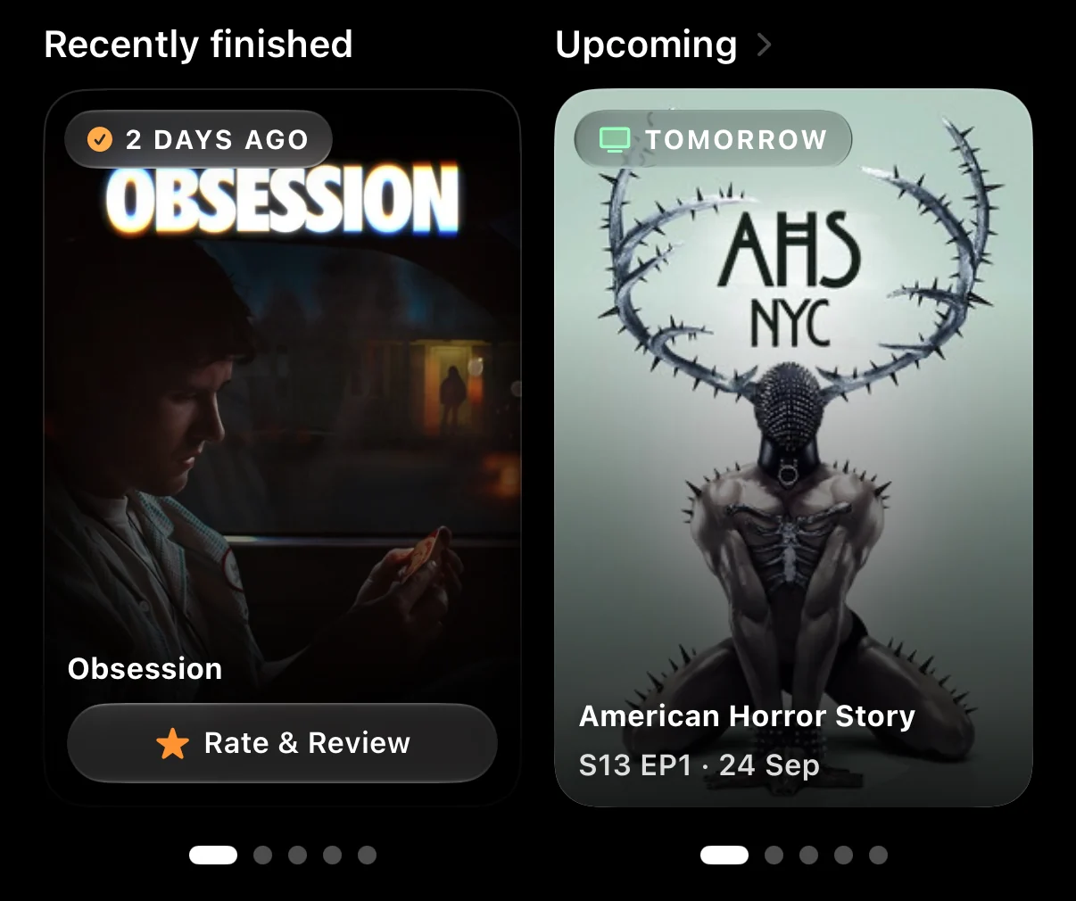 The Recently finished and Upcoming decks on the LaterRex Library home, one asking to rate a film finished two days ago and one showing a new episode arriving tomorrow