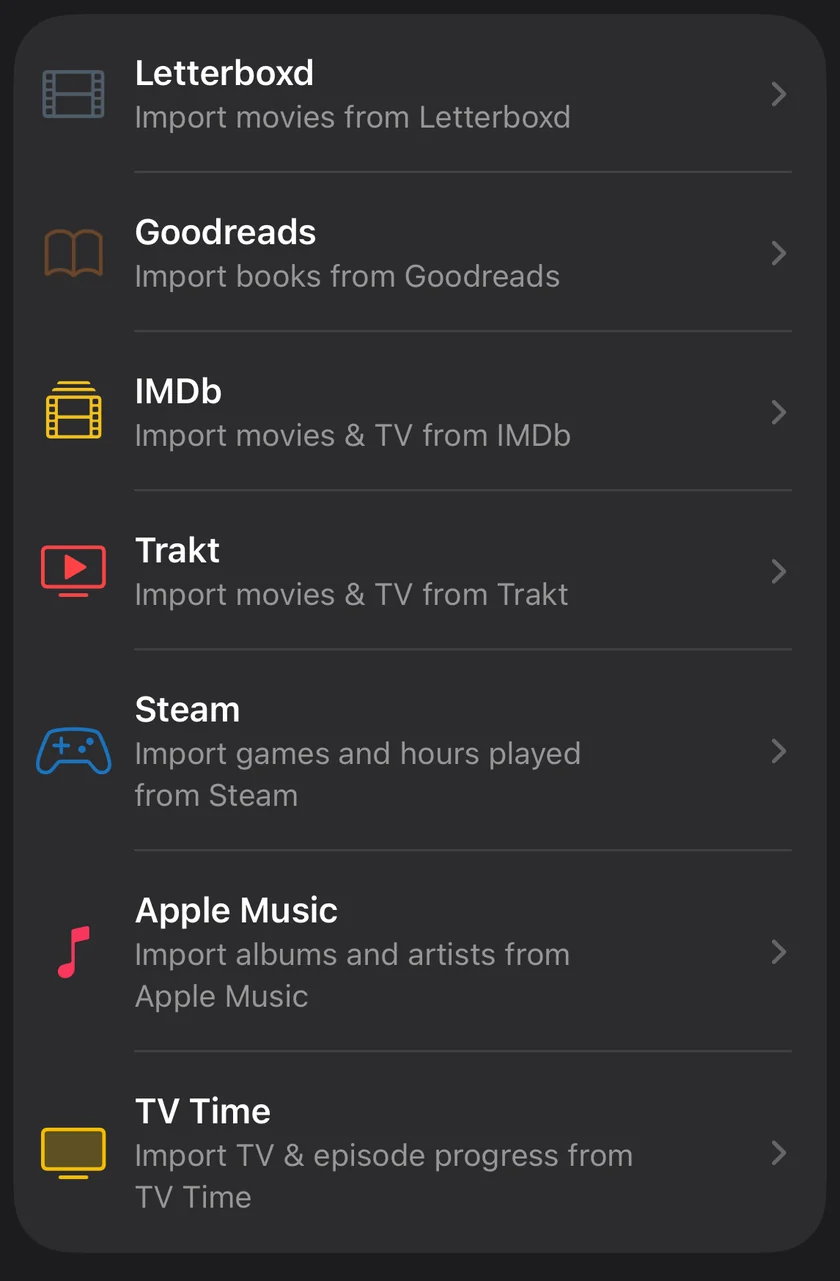 The Import Library screen in LaterRex, listing Letterboxd, Goodreads, IMDb, Trakt, Steam, Apple Music and TV Time