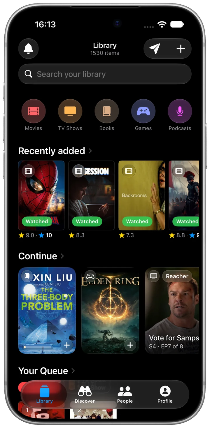 The new Library home in LaterRex on an iPhone, with category shortcuts, Recently added, Continue and Your Queue
