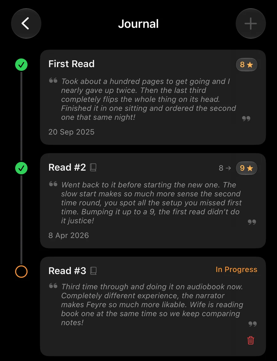 A LaterRex journal for A Court of Thorns and Roses with three reads: the first rated 8, the second raised to 9, and a third in progress on audiobook, each with its own note