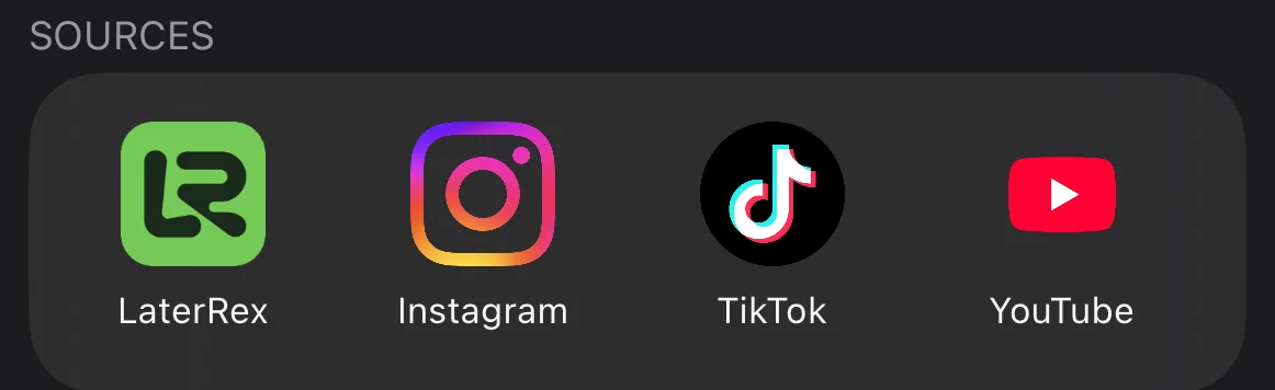 The Sources row in the LaterRex recommender picker, showing LaterRex, Instagram, TikTok and YouTube