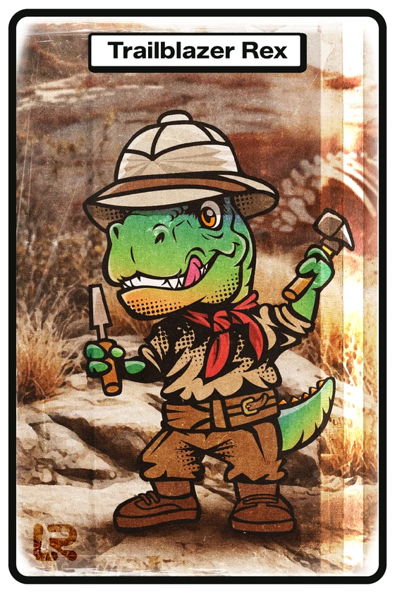 Trailblazer Rex, the free Epic avatar for LaterRex's first birthday: a dinosaur explorer in a pith helmet holding a trowel and a rock hammer